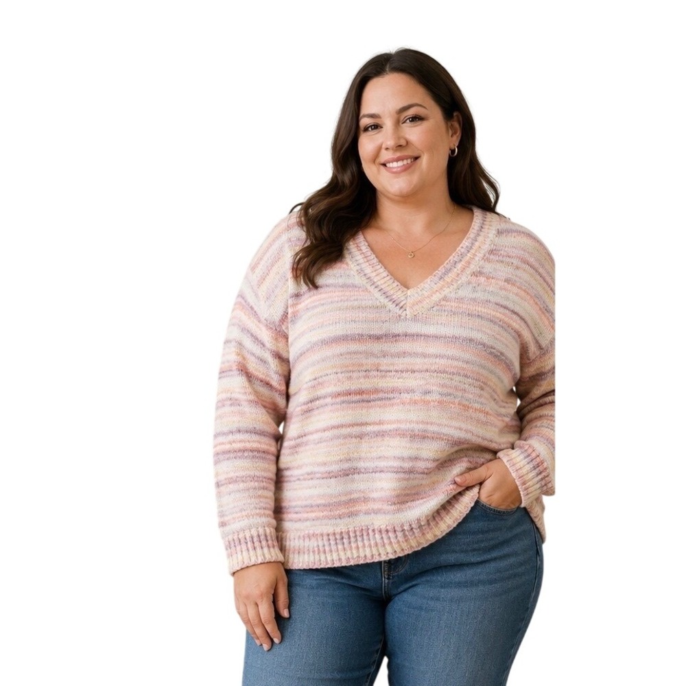 Bloomchic Sweater Womens 14-16 Pink Orange Striped Space Dye V-Neck Wool Blend